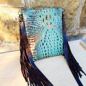 Lux 	Turquoise/Brown Leather Gator Crossbody Purse